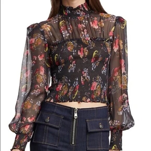 cinq a sept Tops - Cinq A Sept Women's Esmaralda 100% Silk Chiffon Black Floral Mock Neck Top Sz S